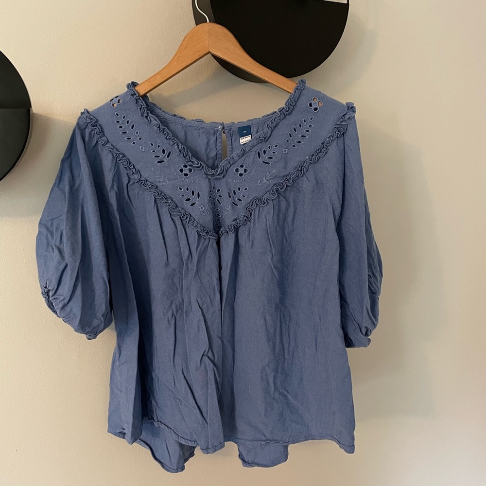 Old Navy Women’s Blue Oversized Ruffled Cutwork Short-Sleeve Blouse Size 2X